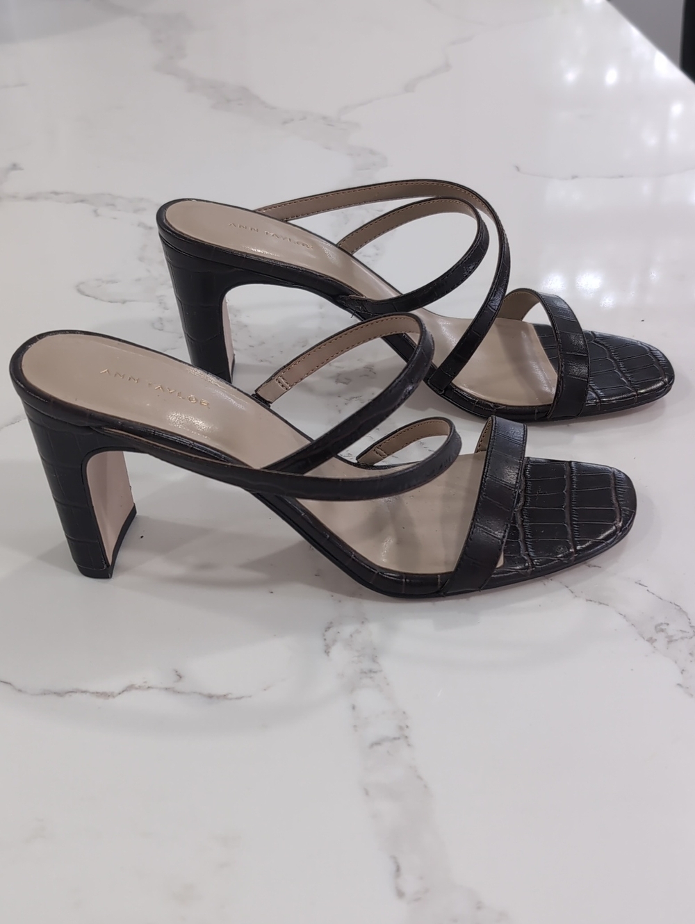 Ann Taylor Black Croc-Embossed Triple-Strap Heels Size 7.5